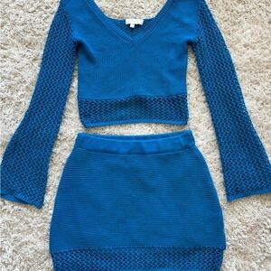 Womens Crochet Knit Long Sleeve Top and Skirt Blue Set Beach Clubwear